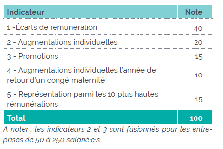 tableau reprenant les cinq critères d'évaluation de l'index égalité